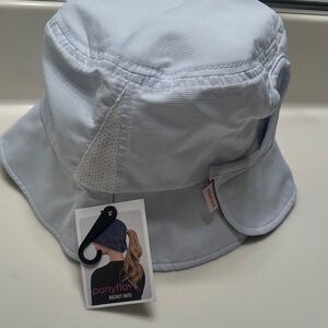 Ponyflo white Bucket Hat for ponytail